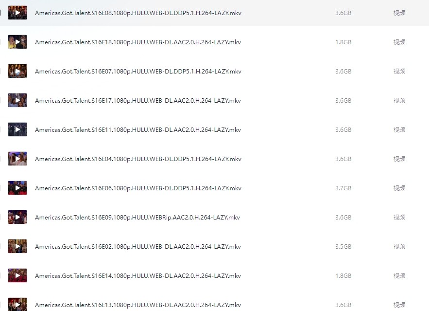 美国达人秀 S4-S17 +冠军赛 标清/高清/超清 英语 AI字幕  单集400M-3G  共704G