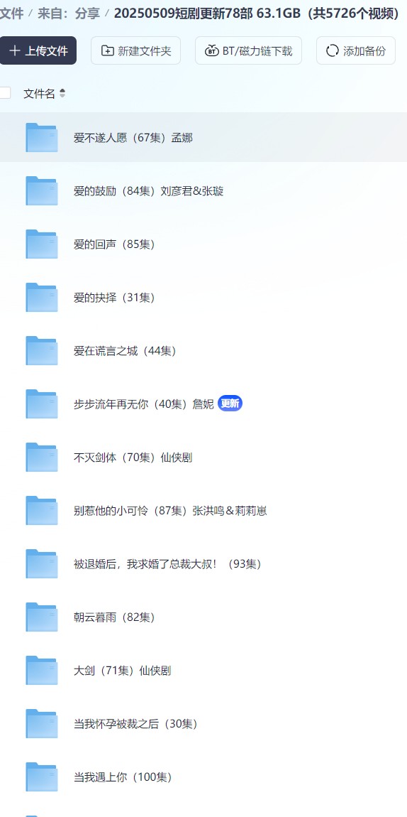 【短剧】20250509短剧更新78部 63.1GB（共5726个视频）