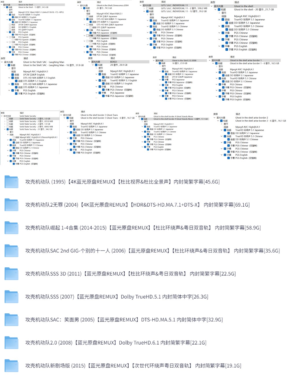 攻壳机动队 动画电影12部合集【4K&1080P蓝光原盘REMUX】【杜比视界&杜比全景声】【次世代环绕声粤日双音轨】 内封简繁字幕 [332.1G]
