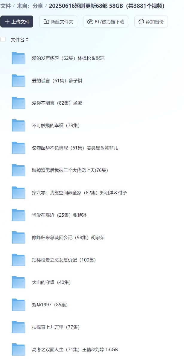 【短剧】20250616短剧更新68部 58GB（共3881个视频）