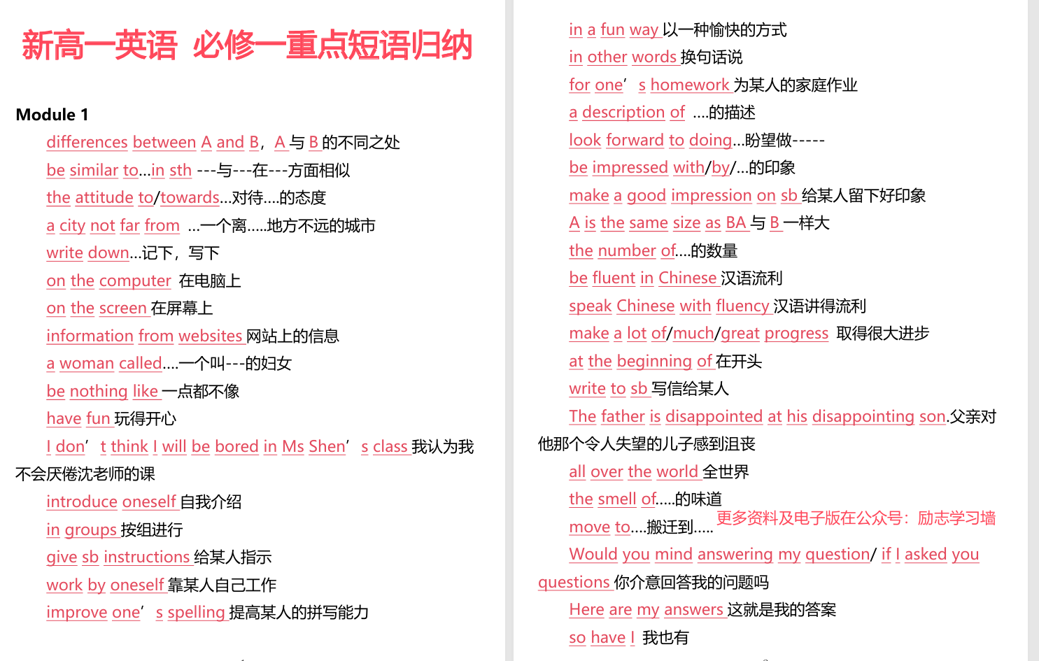 2025年新高一英语必修一的重点短语归纳 PDF 391.9K