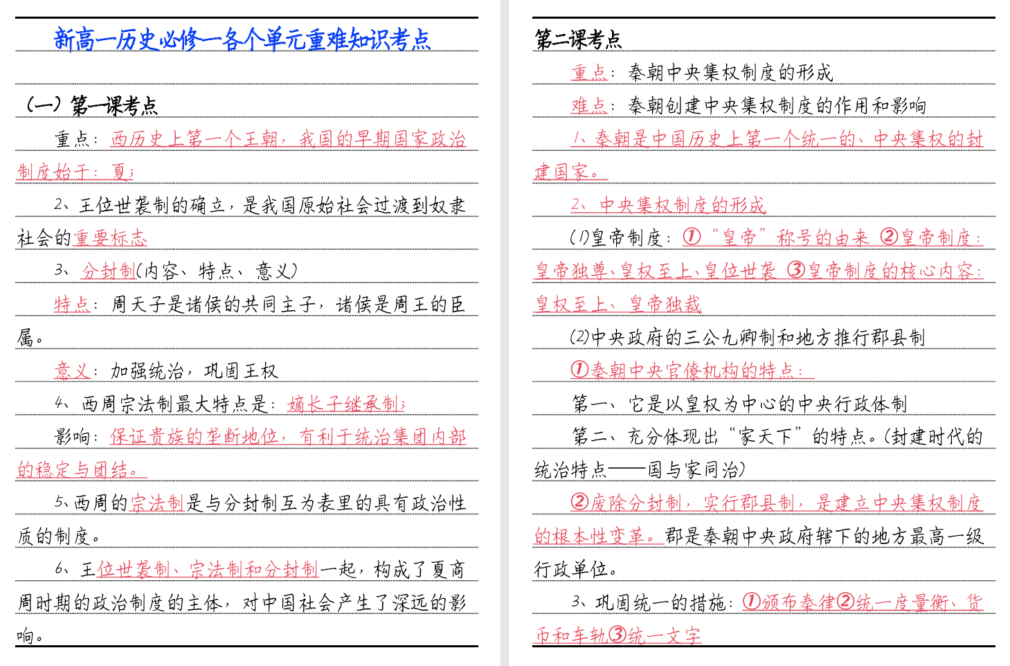 2025新高一历史必修一各个单元重难知识考点 PDF 1M