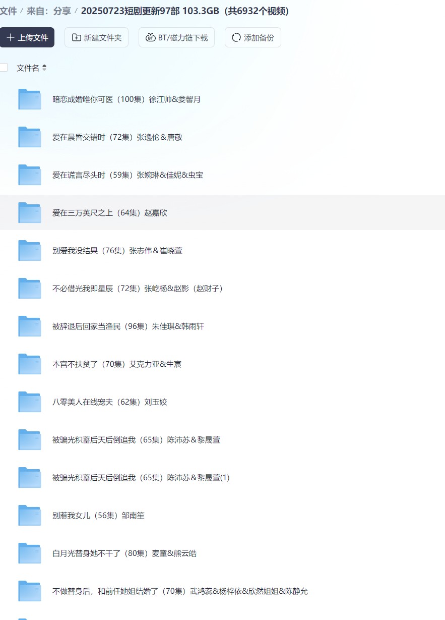 【短剧】20250723短剧更新97部 103.3GB（共6932个视频）